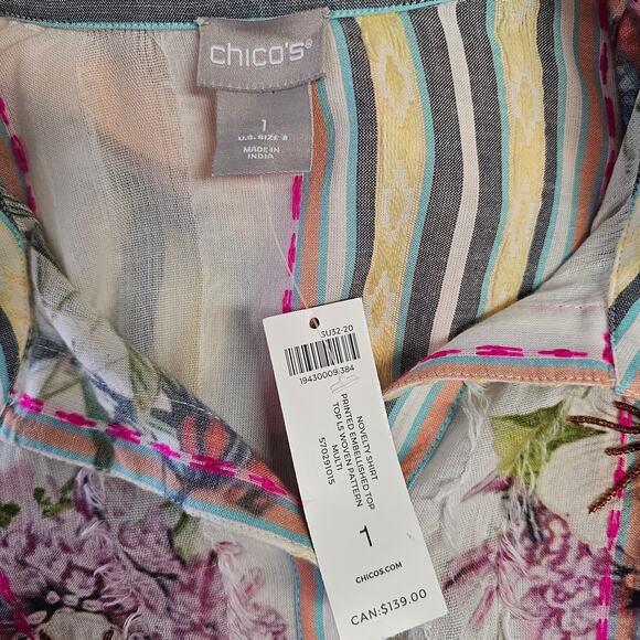 Chico's Women's Printed Embellished Floral Top Size 8 Embroidered Beaded Striped - Picture 8 of 11